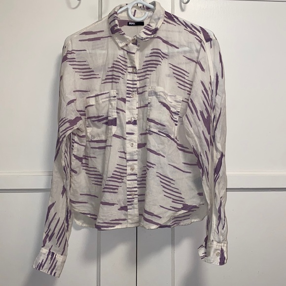 BDG Small Button Up Long Sleeve Shirt Cream Purple - Picture 1 of 8